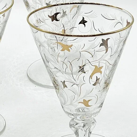 Vintage Libbey 1950s Royal Fern Gold Trim Stemware Wine Water Glasses Set of 4